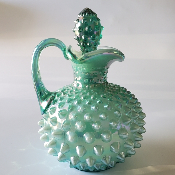 Fenton Other - 🥰 Fenton 6" Irredescent Hobnail Green Glass Overlay Cruet & Stopper 😍